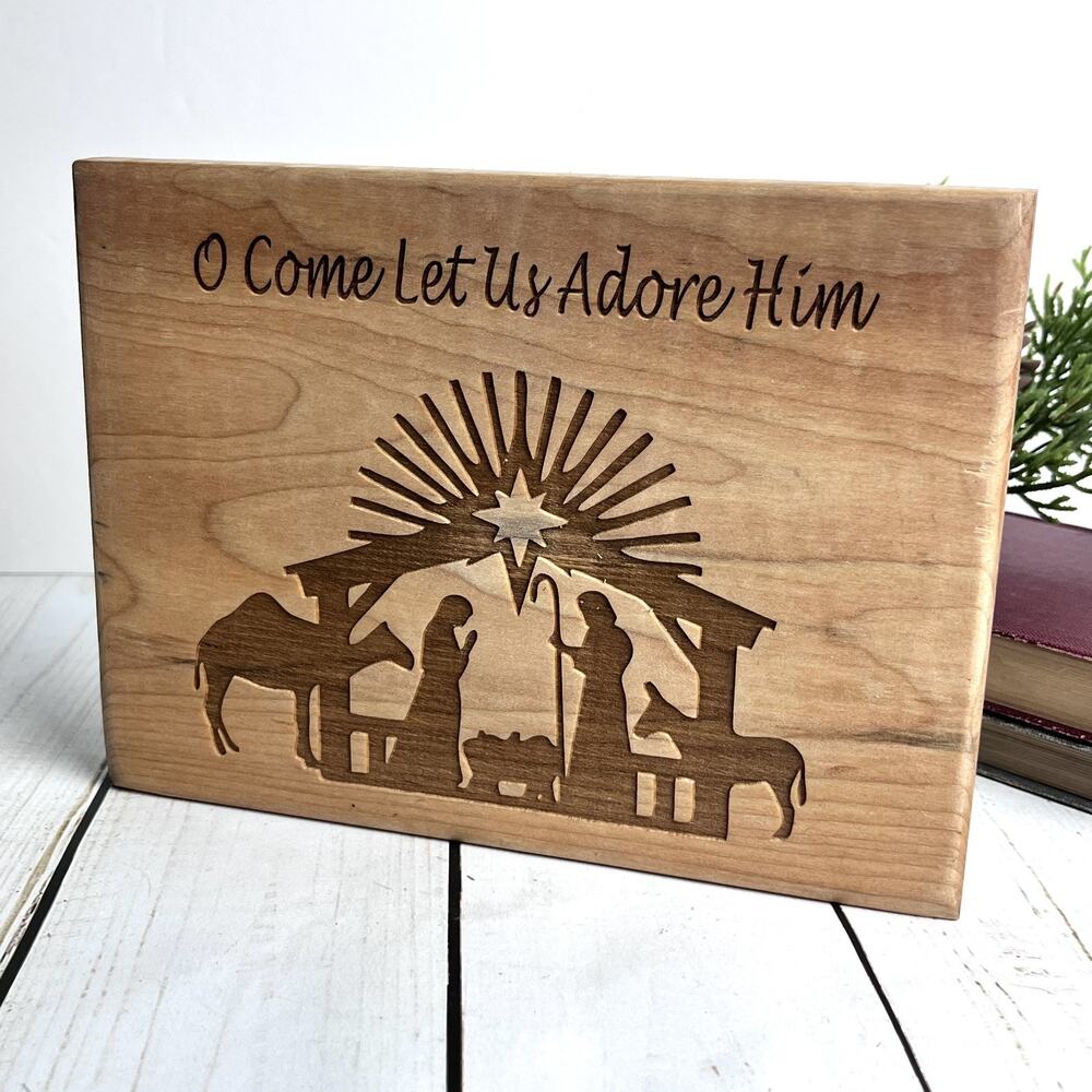 2 Sided Laser Cut Wood Nativity Art Plaque O Come Let Us Adore Him Faith